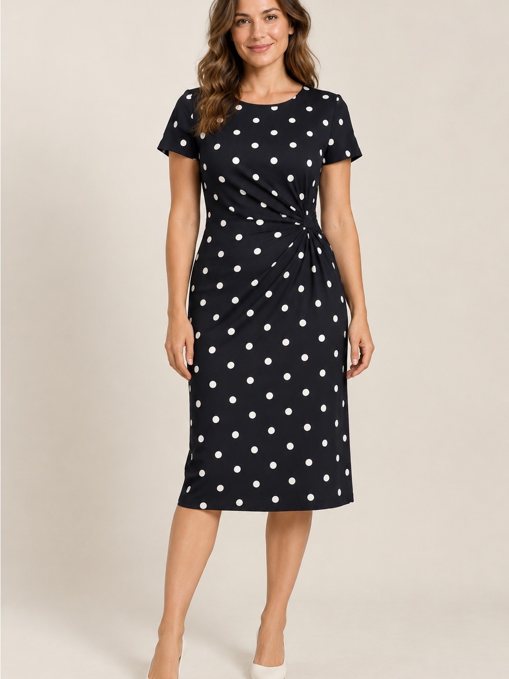 Anne Klein Black and White Polka Dot Twist-Front Midi Dress